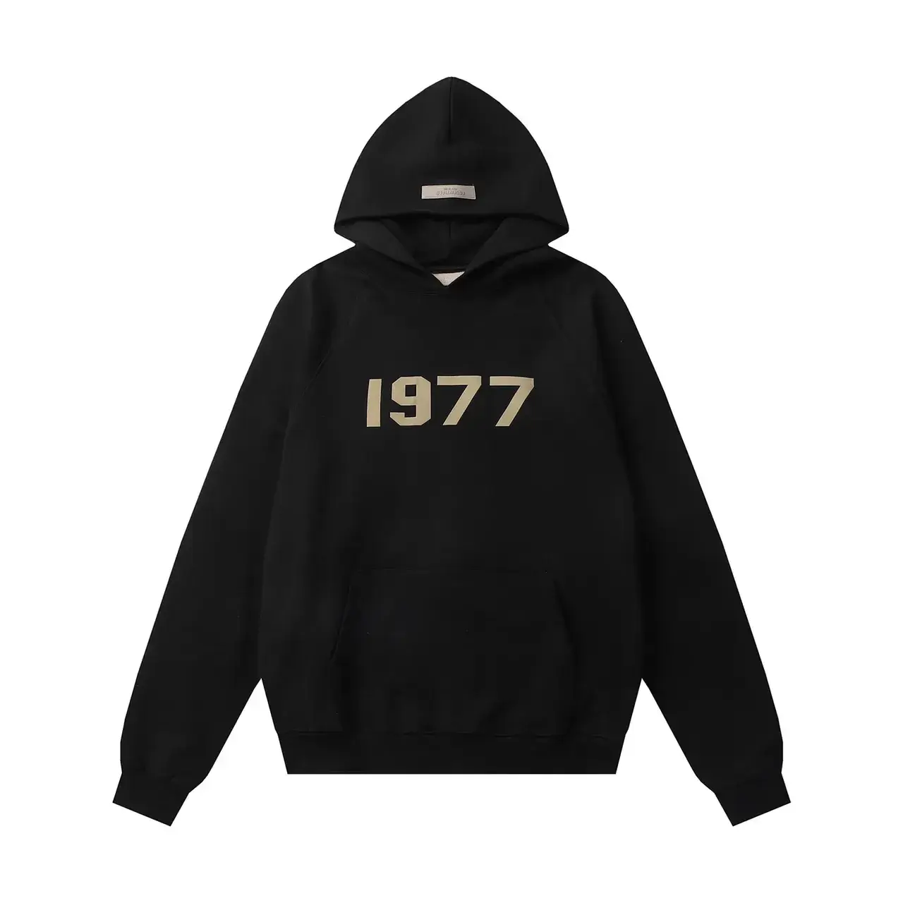 Reference photo: a black oversized hoodie with a 1977 front print.