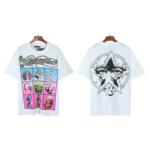 Reference photo: a white oversized T-shirt with a screen-printed front and back graphic.